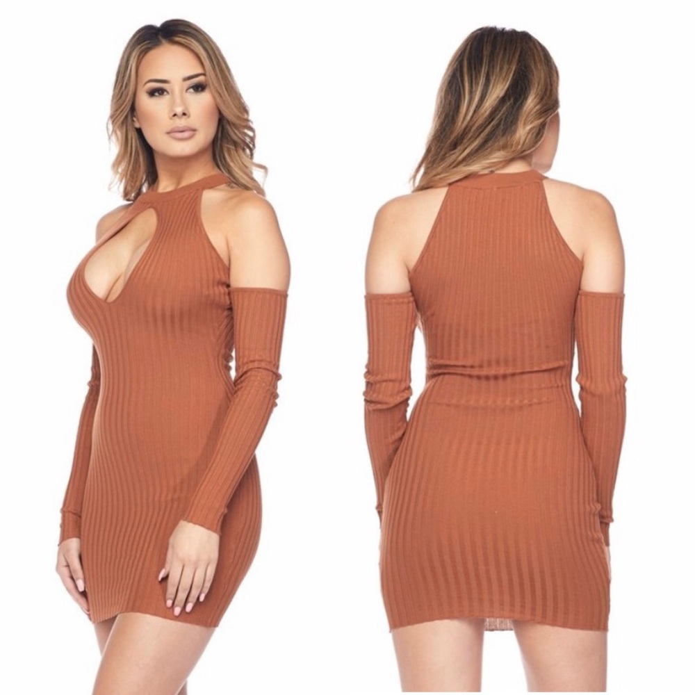 ‼️ Rust Cut Out Stretch Mini Sweater Dress